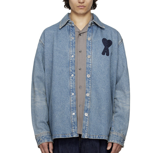 아미 빅 하트 로고 코튼 데님 오버셔츠 유즈드 블루