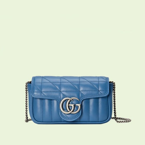 구찌 GG 마몽 슈퍼 미니 마틀라세 블루 레더 크로스백