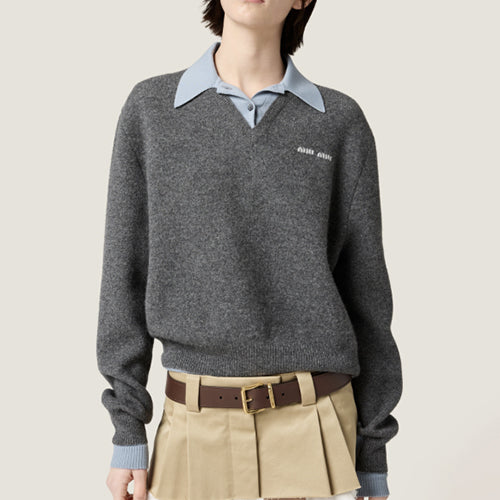 미우미우 캐시미어 앤 울 폴로 니트 스웨터 그레이 블루